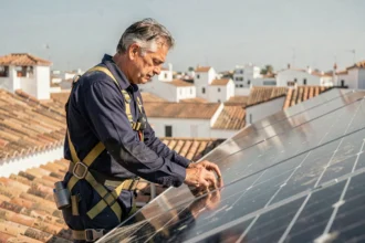 Technicien espagnol inspectant des panneaux solaires sur un toit andalou avec toits en tuiles traditionnels