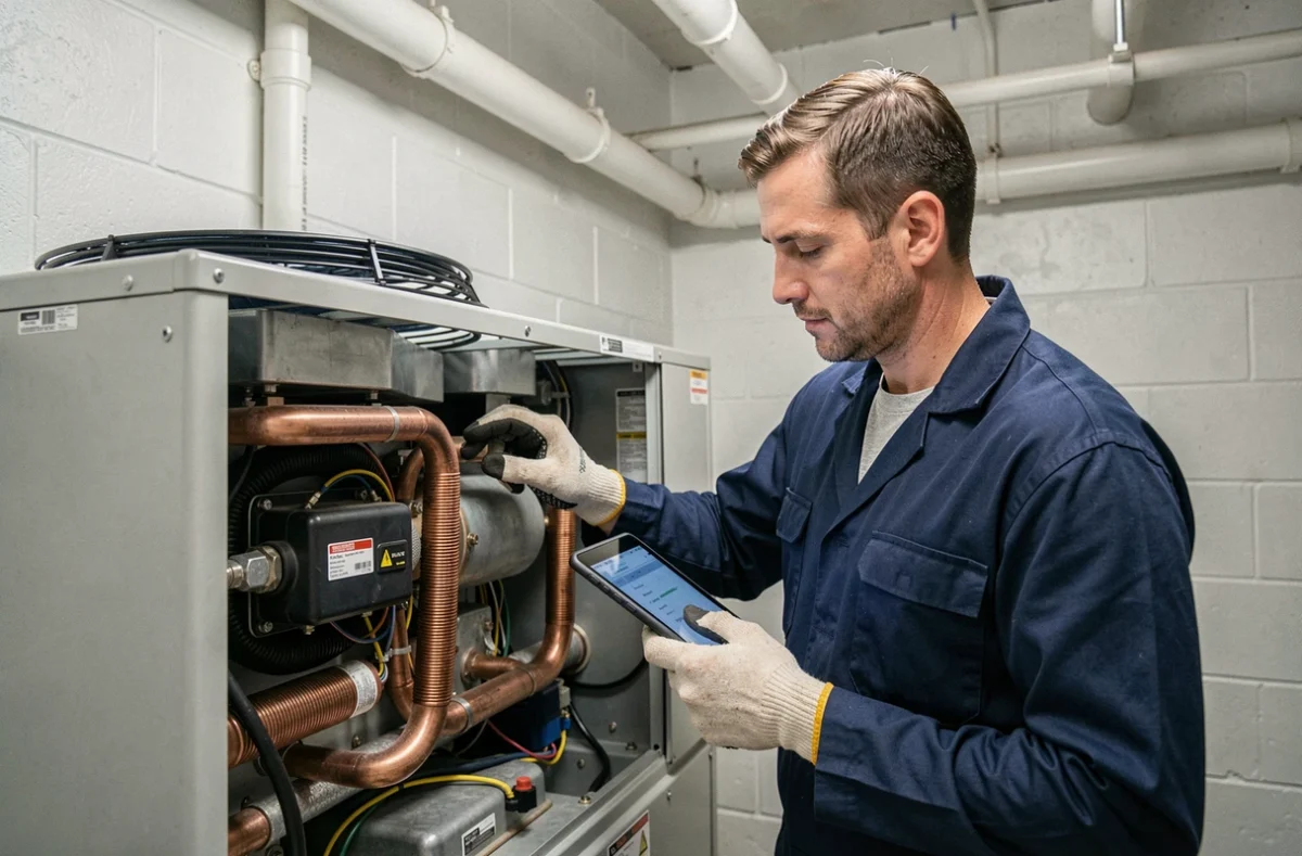 Technicien en chauffage inspectant les composants internes d'une pompe à chaleur dans une chaufferie