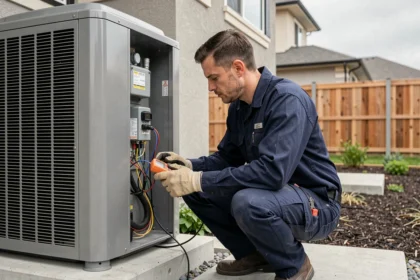 Technicien HVAC inspectant une pompe à chaleur triphasée installée à l'extérieur d'une maison résidentielle