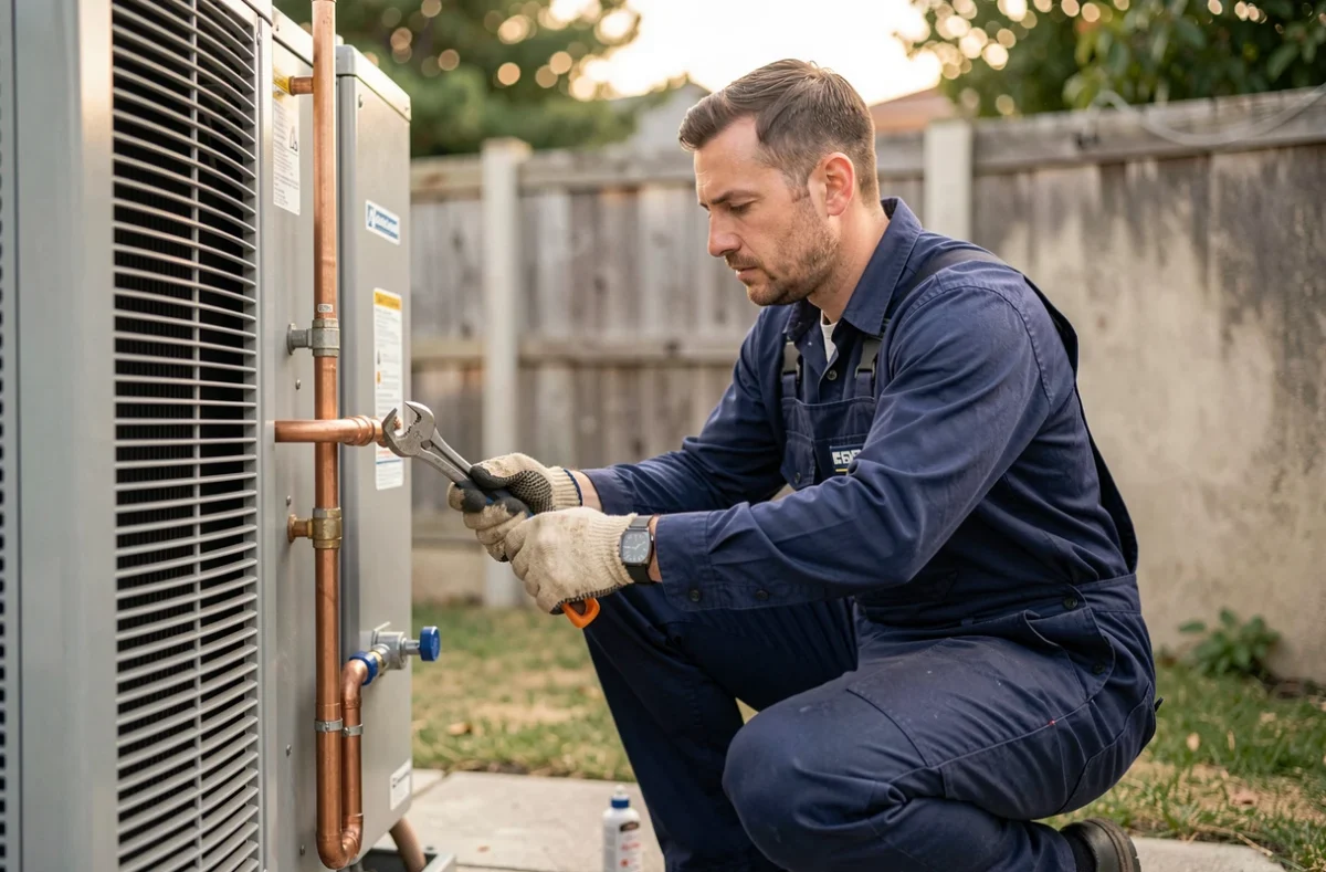 Technicien en train d'installer une pompe à chaleur air-eau dans un jardin résidentiel