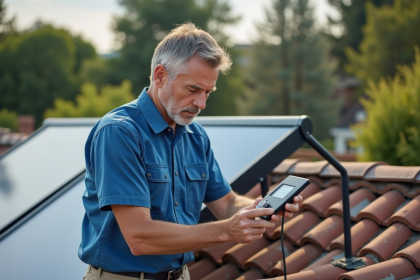 Technicien vérifiant un système solaire thermique en extérieur