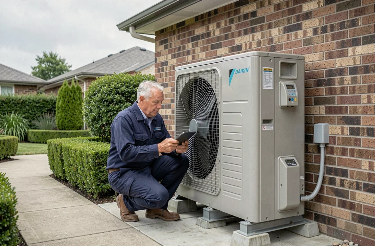 Technicien inspectant une pompe à chaleur Daikin extérieure avec une tablette