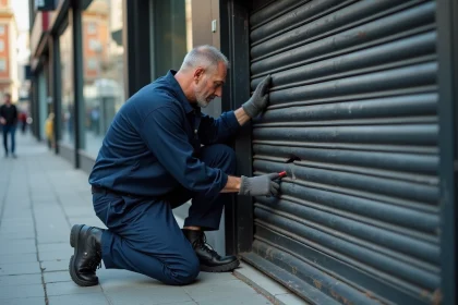 Technicien en travail sur un volet métallique en extérieur