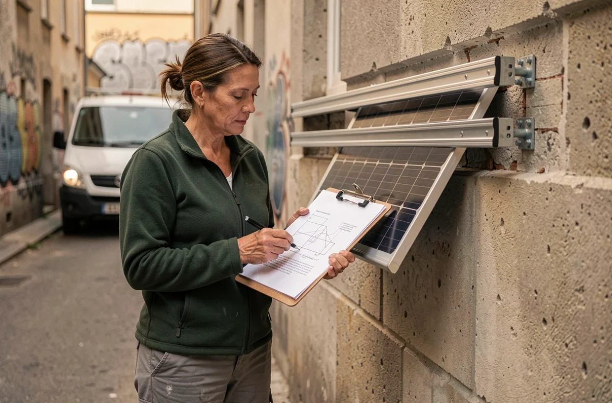 Femme technicienne consultant un plan d'installation de panneaux solaires devant un mur en béton urbain