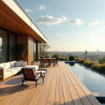 Terrasse en bois moderne attachée à une maison contemporaine en plein jour