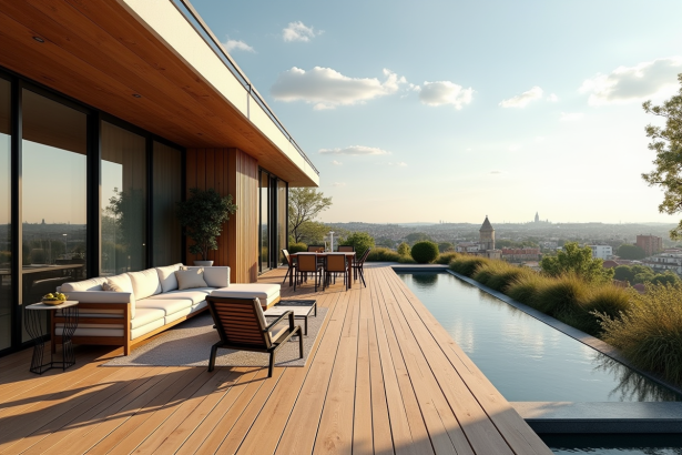 Terrasse en bois moderne attachée à une maison contemporaine en plein jour