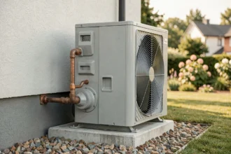 Unité extérieure d'une pompe à chaleur air/air installée sur dalle béton contre un mur de maison, avec tuyauteries en cuivre visibles