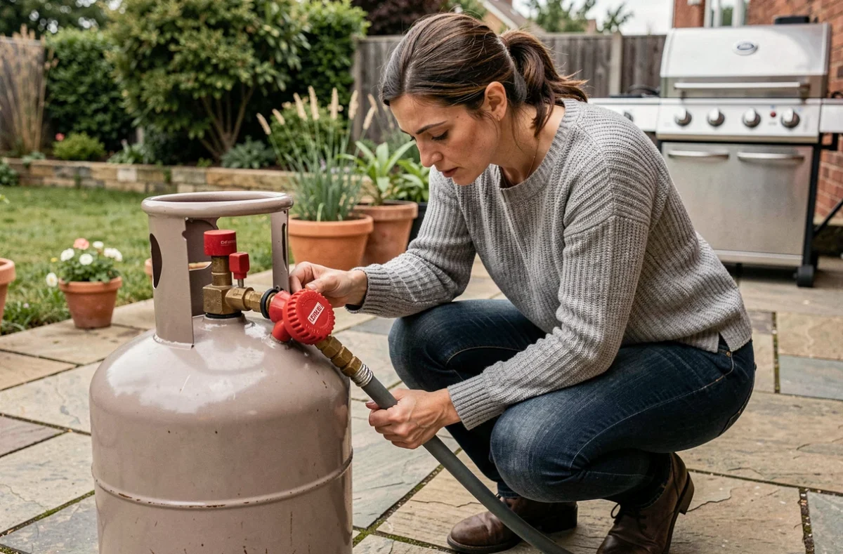 Femme vérifiant la connexion d'un détendeur propane sur une terrasse résidentielle pour détecter une fuite de gaz