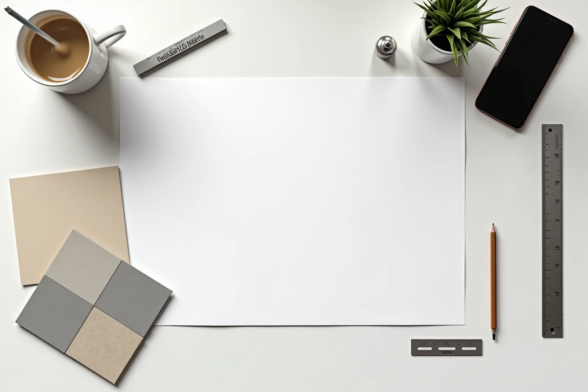Vue aérienne d'un bureau avec plan 3D de salle de bain imprimé, échantillons de carrelage et smartphone affichant une application de conception