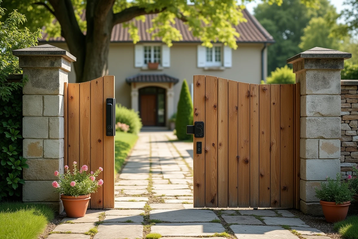 Vue d'ensemble d'un portail en bois rénové avec digicode installé sur pilier en pierre devant une maison de campagne française