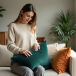 Femme moderne arrangeant un coussin vert fonce dans un salon scandinave
