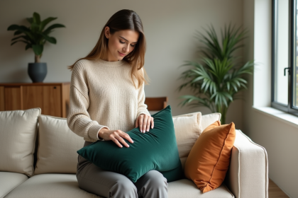Femme moderne arrangeant un coussin vert fonce dans un salon scandinave